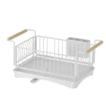 DISH DRYING RACK, WITH DISH DRAIN TRAY PIPE, KITCHEN SINK ORGANIZER, COUNTERTOP PLATE RACK, STURDY WOODEN HANDLE, WHITE COLOUR