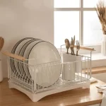 DISH DRYING RACK, WITH DISH DRAIN TRAY PIPE, KITCHEN SINK ORGANIZER, COUNTERTOP PLATE RACK, STURDY WOODEN HANDLE, WHITE COLOUR