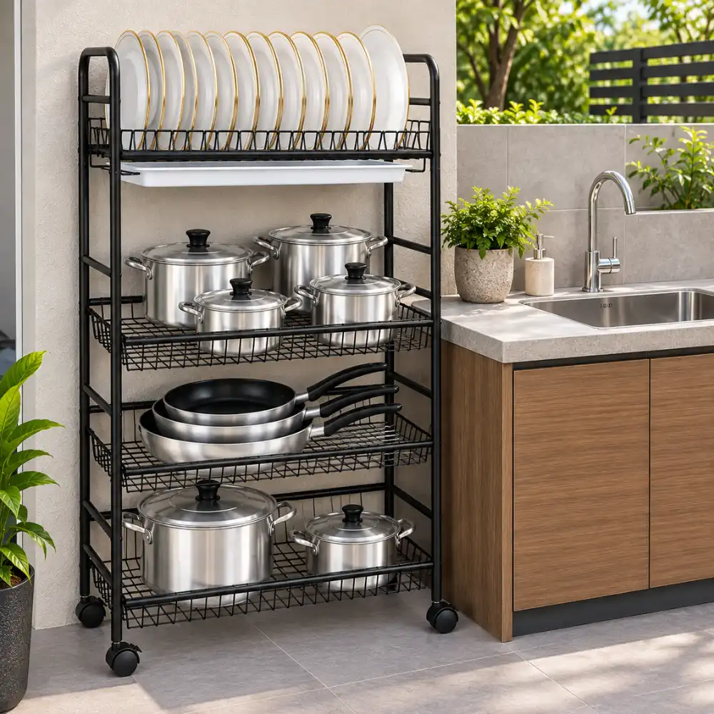 rack Floor Standing Multi-Tier Dish Rack with Wheels & Drain Tray - Image 1