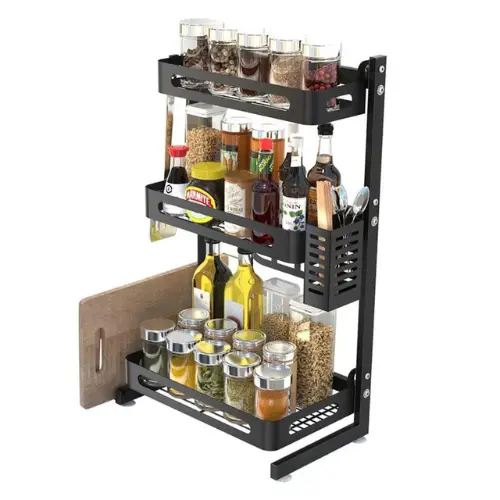 3 TIER KITCHEN COUNTERTOP SPICE RACK, WITH UTENSIL AND CUTTING BOARD HOLDER, CARBON COATED STEEL SPICE ORGANIZER