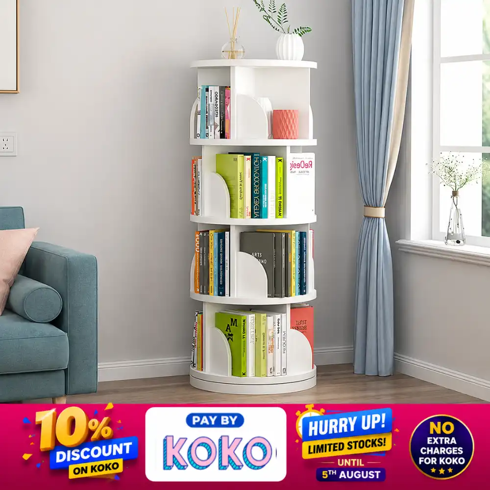 4-TIER-ROTATABLE-BOOK-SHELF-HOME-DECOR-STORAGE-SHELF-RACK-WHITE-WOOD-STORAGE-RACK-KIDS-ROOM-AND-STUDYING-AREA-SHELF-RACK 4 TIER ROTATABLE BOOK SHELF, HOME DECOR STORAGE SHELF RACK, WHITE WOOD STORAGE RACK, KIDS ROOM AND STUDYING AREA SHELF RACK - Image 1