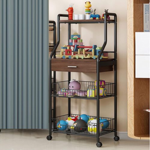 4 TIER BENDED SHAPE MULTIFUNCTIONAL RACK, WITH PULL OUT WOODEN DRAWER, MICROWAVE CART AND TROLLEY KITCHEN ORGANIZER