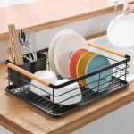 MODERN DISH DRYING RACK, WOODEN HANDLE DISH RACK, CHOPSTICK HOLDER AND SPOON HOLDER, WITH WATER DRAIN TRAY