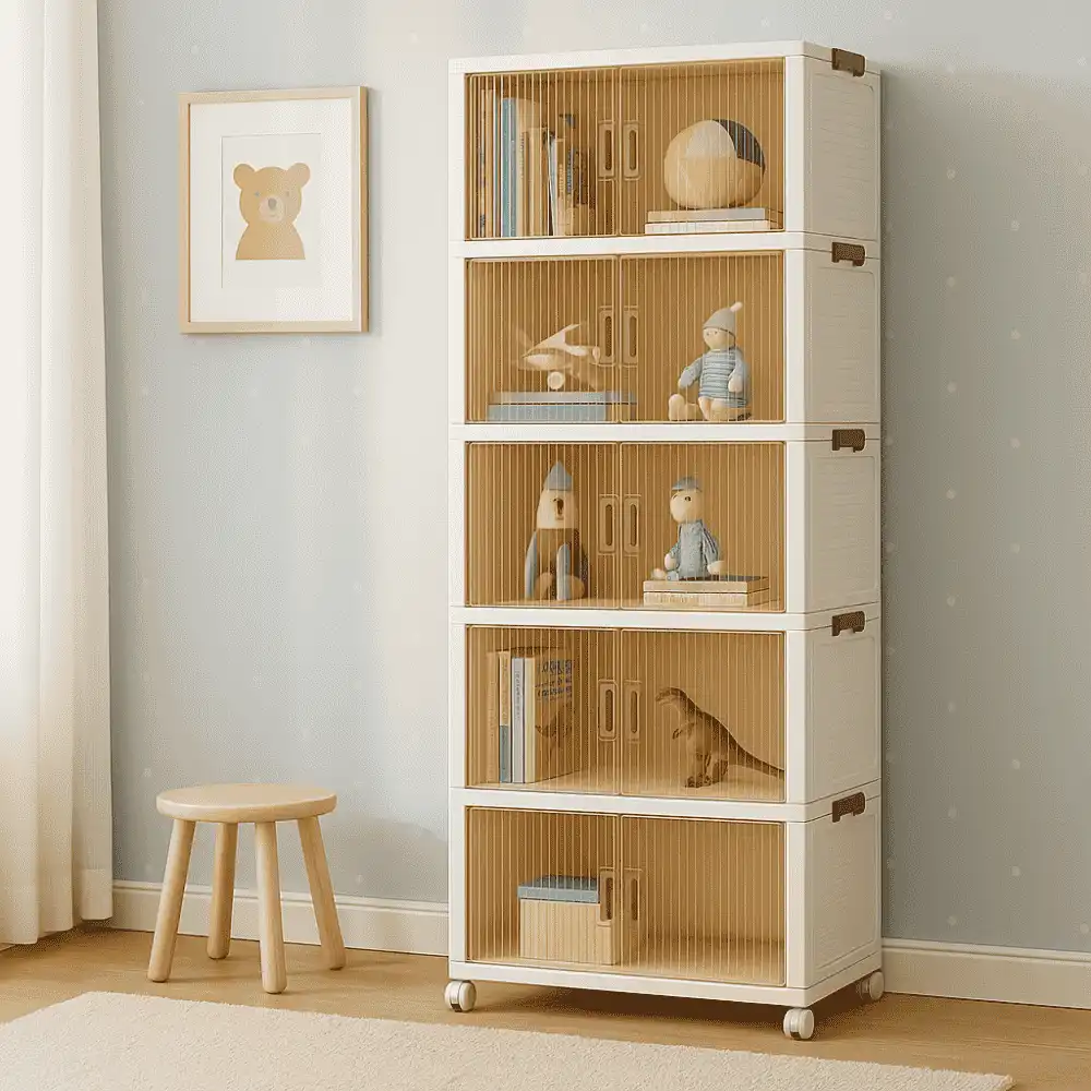 Cupboard for kids in sri lanka 5 TIER PLASTIC STORAGE BOX, 45 CM LENGTH, WITH 2 PULL OUT DOOR AND MAGNETIC LOCK, FOLDABLE PLASTIC STORAGE, KIDS TOYS AND CLOTH STORAGE CABINETS