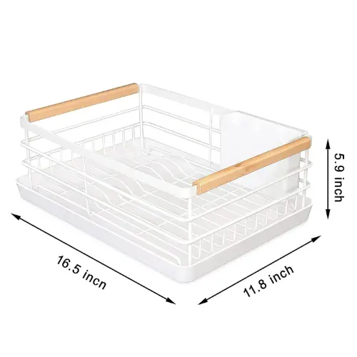 MODERN DISH DRYING RACK, WOODEN HANDLE DISH RACK, CHOPSTICK HOLDER AND SPOON HOLDER, WITH WATER DRAIN TRAY