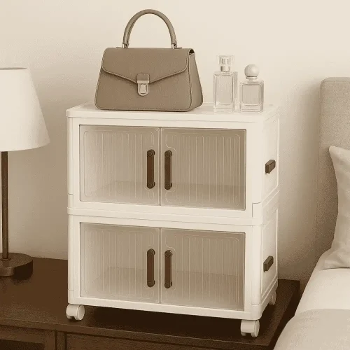 2 TIER PLASTIC STORAGE BOX, 50CM LENGTH, WITH 2 PULL OUT DOOR AND MAGNETIC LOCK, FOLDABLE PLASTIC STORAGE, KIDS TOYS AND CLOTH STORAGE CABINETS