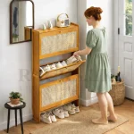 BAMBOO SHOE RACK WITH FLIP DOORS - 3 TIER SHOE STORAGE CABINET FOR HOME AND OFFICE - Image 3