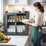 2 TIER CARBON STEEL DISH STORAGE ORGANIZER, MULTIFUNCTION KITCHEN RACK, WITH 2 PULL OUT DOORS AND 3 ACESSIBLE WATER DRAIN TRAY - Image 6