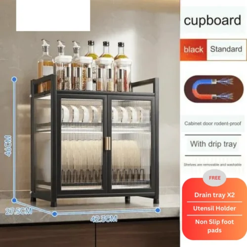 2 TIER STAINLESS STEEL DISH STORAGE ORGANIZER, MULTIFUNCTION KITCHEN RACK, WITH 2 PULL OUT DOORS AND 3 ACESSIBLE WATER DRAIN TRAY