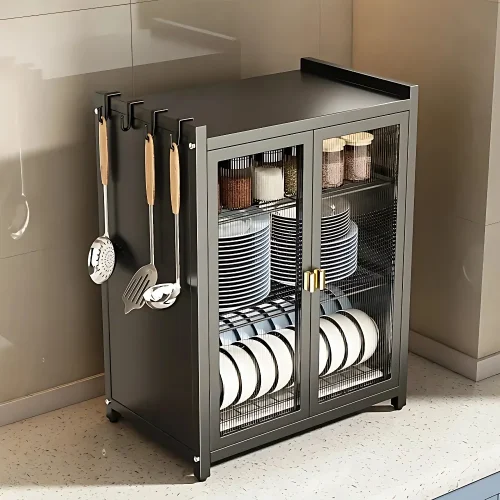 3 tier kitchen rack in Sri Lanka, carbon steel dish rack in Sri Lanka, kitchen storage organizer with pull out doors, multifunction kitchen rack in Sri Lanka, water drain dish drying rack, durable kitchen shelf with trays, kitchen rack with door and tray, kitchen dish organizer in Colombo, modern kitchen rack Sri Lanka, stainless steel kitchen shelf with trays