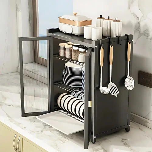 3 tier kitchen rack in Sri Lanka, carbon steel dish rack in Sri Lanka, kitchen storage organizer with pull out doors, multifunction kitchen rack in Sri Lanka, water drain dish drying rack, durable kitchen shelf with trays, kitchen rack with door and tray, kitchen dish organizer in Colombo, modern kitchen rack Sri Lanka, stainless steel kitchen shelf with trays