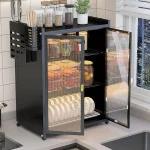 3 tier kitchen rack in Sri Lanka, carbon steel dish rack in Sri Lanka, kitchen storage organizer with pull out doors, multifunction kitchen rack in Sri Lanka, water drain dish drying rack, durable kitchen shelf with trays, kitchen rack with door and tray, kitchen dish organizer in Colombo, modern kitchen rack Sri Lanka, stainless steel kitchen shelf with trays