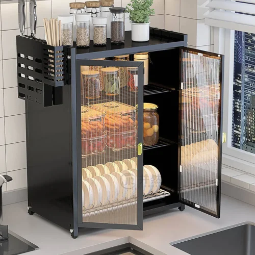 3 tier kitchen rack in Sri Lanka, carbon steel dish rack in Sri Lanka, kitchen storage organizer with pull out doors, multifunction kitchen rack in Sri Lanka, water drain dish drying rack, durable kitchen shelf with trays, kitchen rack with door and tray, kitchen dish organizer in Colombo, modern kitchen rack Sri Lanka, stainless steel kitchen shelf with trays