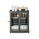 3 TIER CARBON STEEL DISH STORAGE ORGANIZER, MULTIFUNCTION KITCHEN RACK, WITH 2 PULL OUT DOORS AND 2 ACESSIBLE WATER DRAIN TRAY