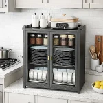 3 TIER CARBON STEEL DISH STORAGE ORGANIZER, MULTIFUNCTION KITCHEN RACK, WITH 2 PULL OUT DOORS AND 2 ACESSIBLE WATER DRAIN TRAY - Image 6