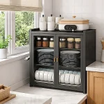 3 TIER CARBON STEEL DISH STORAGE ORGANIZER, MULTIFUNCTION KITCHEN RACK, WITH 2 PULL OUT DOORS AND 2 ACESSIBLE WATER DRAIN TRAY - Image 8