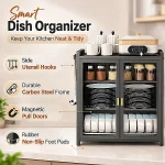 3 TIER CARBON STEEL DISH STORAGE ORGANIZER, MULTIFUNCTION KITCHEN RACK, WITH 2 PULL OUT DOORS AND 2 ACESSIBLE WATER DRAIN TRAY - Image 3