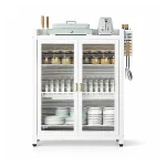 3 TIER CARBON STEEL DISH STORAGE ORGANIZER, MULTIFUNCTION KITCHEN STORAGE, WITH 2 PULL OUT DOORS AND 2 ACESSIBLE WATER DRAIN TRAY