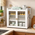 3 TIER CARBON STEEL DISH STORAGE ORGANIZER, MULTIFUNCTION KITCHEN STORAGE, WITH 2 PULL OUT DOORS AND 2 ACESSIBLE WATER DRAIN TRAY - Image 8