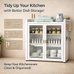 3 TIER CARBON STEEL DISH STORAGE ORGANIZER, MULTIFUNCTION KITCHEN STORAGE, WITH 2 PULL OUT DOORS AND 2 ACESSIBLE WATER DRAIN TRAY - Image 4