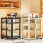 3 TIER STAINLESS STEEL STORAGE ORGANIZER, MULTIFUNCTION FOR KITCHEN STORAGE, WITH 2 PULL OUT DOORS AND 3 ACESSIBLE WATER DRAIN TRAY