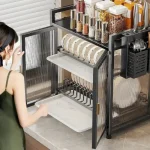 3 TIER STAINLESS STEEL STORAGE ORGANIZER, MULTIFUNCTION FOR KITCHEN STORAGE, WITH 2 PULL OUT DOORS AND 3 ACESSIBLE WATER DRAIN TRAY