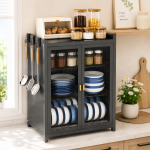 3 TIER CARBON STEEL DISH STORAGE ORGANIZER, MULTIFUNCTION KITCHEN RACK, WITH 2 PULL OUT DOORS AND 2 ACESSIBLE WATER DRAIN TRAY - Image 9