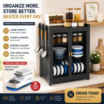 3 TIER CARBON STEEL DISH STORAGE ORGANIZER, MULTIFUNCTION KITCHEN RACK, WITH 2 PULL OUT DOORS AND 2 ACESSIBLE WATER DRAIN TRAY