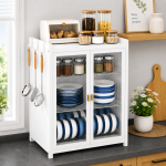 3 TIER CARBON STEEL DISH STORAGE ORGANIZER, MULTIFUNCTION KITCHEN STORAGE, WITH 2 PULL OUT DOORS AND 2 ACESSIBLE WATER DRAIN TRAY