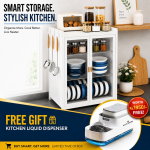 3 TIER CARBON STEEL DISH STORAGE ORGANIZER, MULTIFUNCTION KITCHEN STORAGE, WITH 2 PULL OUT DOORS AND 2 ACESSIBLE WATER DRAIN TRAY
