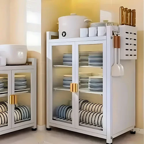 3 tier carbon steel kitchen rack with 2 drain trays in Sri Lanka, multifunction kitchen rack in Sri Lanka, dish storage organizer with doors, kitchen rack with pull out doors in Colombo, carbon steel kitchen shelf Sri Lanka, modern kitchen organizer with water trays, durable kitchen rack in Sri Lanka, dish rack with drainage trays, kitchen storage rack with magnet doors, kitchen cabinet alternative in Sri Lanka, Carbon Steel Dish Storage Organizer in Sri Lanka – 3 Tier Kitchen Rack with Pull Out Doors and Drain Trays