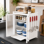 3 TIER CARBON STEEL DISH STORAGE ORGANIZER, MULTIFUNCTION KITCHEN STORAGE, WITH 2 PULL OUT DOORS AND 2 ACESSIBLE WATER DRAIN TRAY - Image 6