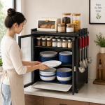 3 TIER CARBON STEEL DISH STORAGE ORGANIZER, MULTIFUNCTION KITCHEN RACK, WITH 2 PULL OUT DOORS AND 2 ACESSIBLE WATER DRAIN TRAY - Image 8