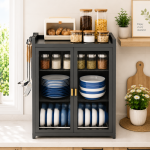 3 TIER CARBON STEEL DISH STORAGE ORGANIZER, MULTIFUNCTION KITCHEN RACK, WITH 2 PULL OUT DOORS AND 2 ACESSIBLE WATER DRAIN TRAY - Image 4