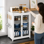 3 TIER CARBON STEEL DISH STORAGE ORGANIZER, MULTIFUNCTION KITCHEN STORAGE, WITH 2 PULL OUT DOORS AND 2 ACESSIBLE WATER DRAIN TRAY - Image 4
