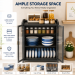 3 TIER CARBON STEEL DISH STORAGE ORGANIZER, MULTIFUNCTION KITCHEN RACK, WITH 2 PULL OUT DOORS AND 2 ACESSIBLE WATER DRAIN TRAY - Image 7