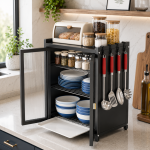 3 TIER CARBON STEEL DISH STORAGE ORGANIZER, MULTIFUNCTION KITCHEN RACK, WITH 2 PULL OUT DOORS AND 2 ACESSIBLE WATER DRAIN TRAY - Image 5