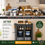 3 TIER CARBON STEEL DISH STORAGE ORGANIZER, MULTIFUNCTION KITCHEN RACK, WITH 2 PULL OUT DOORS AND 2 ACESSIBLE WATER DRAIN TRAY - Image 6