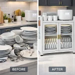 2 TIER CARBON STEEL DISH STORAGE ORGANIZER, MULTIFUNCTION KITCHEN RACK, WITH 2 PULL OUT DOORS AND 3 ACESSIBLE WATER DRAIN TRAY - Image 7