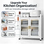 2 TIER CARBON STEEL DISH STORAGE ORGANIZER, MULTIFUNCTION KITCHEN RACK, WITH 2 PULL OUT DOORS AND 3 ACESSIBLE WATER DRAIN TRAY - Image 3