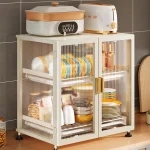 2 TIER STAINLESS STEEL DISH STORAGE ORGANIZER, MULTIFUNCTION KITCHEN RACK, WITH 2 PULL OUT DOORS AND 3 ACESSIBLE WATER DRAIN TRAY