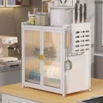 2 tier kitchen rack in Sri Lanka, carbon steel dish organizer in Sri Lanka, kitchen rack with pull out doors, multifunction kitchen storage rack, dish drying rack with 2 drain trays, black kitchen shelf in Sri Lanka, durable dish organizer in Colombo, compact kitchen organizer Sri Lanka, stainless steel kitchen rack, kitchen storage rack with doors and trays