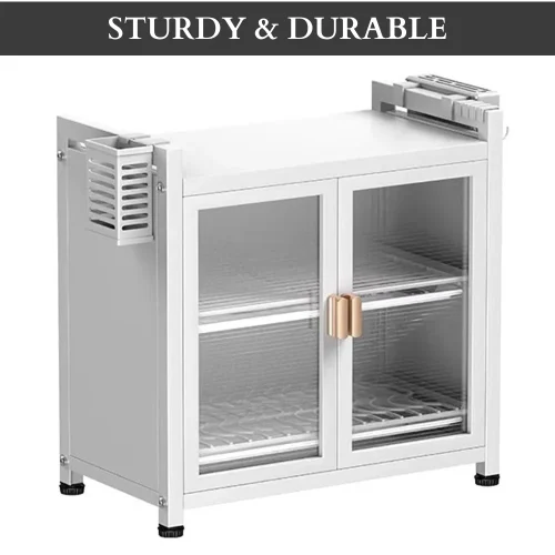 2 tier kitchen rack in Sri Lanka, carbon steel dish organizer in Sri Lanka, kitchen rack with pull out doors, multifunction kitchen storage rack, dish drying rack with 2 drain trays, black kitchen shelf in Sri Lanka, durable dish organizer in Colombo, compact kitchen organizer Sri Lanka, stainless steel kitchen rack, kitchen storage rack with doors and trays