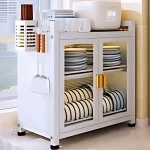 2 tier kitchen rack in Sri Lanka, carbon steel dish organizer in Sri Lanka, kitchen rack with pull out doors, multifunction kitchen storage rack, dish drying rack with 2 drain trays, black kitchen shelf in Sri Lanka, durable dish organizer in Colombo, compact kitchen organizer Sri Lanka, stainless steel kitchen rack, kitchen storage rack with doors and trays