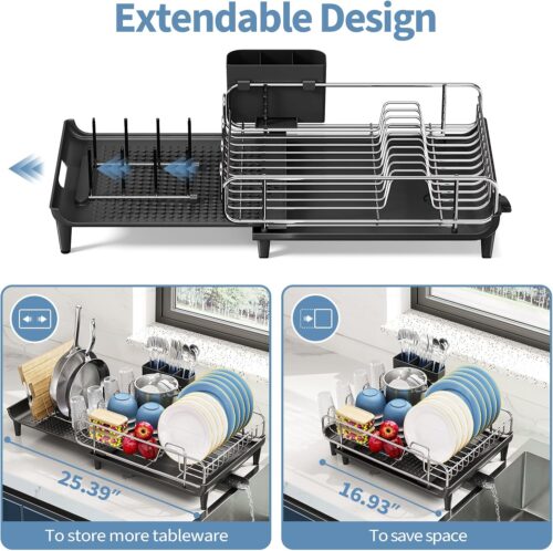 EXPANDABLE DISH DRYING RACK, STAINLESS STEEL SINGLE STORAGE DISH RACK SET, WITH UTENSIL HOLDER AND DRAIN TRAY