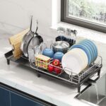 EXPANDABLE DISH DRYING RACK, STAINLESS STEEL SINGLE STORAGE DISH RACK SET, WITH UTENSIL HOLDER AND DRAIN TRAY