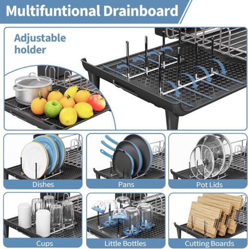 EXPANDABLE DISH DRYING RACK, STAINLESS STEEL SINGLE STORAGE DISH RACK SET, WITH UTENSIL HOLDER AND DRAIN TRAY