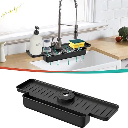 KITCHEN FAUCET SPLASH GUARD WATER TRAPPING MAT, FOLDABLE DRAIN SOFT SILICONE WASHBASIN, FOR SINKT TAP, BLACK COLOR