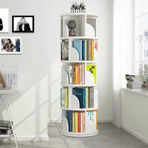 5 TIER ROTATABLE BOOK SHELF, HOME DECOR STORAGE SHELF RACK, WHITE WOOD STORAGE RACK, KIDS ROOM AND STUDYING AREA SHELF RACK