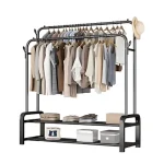 DOUBLE POLE CLOTH RACK WITH HOOKS AND BOTTOM 2 LAYER STORAGE, STORAGE SHELF WITH CLOTH RACK